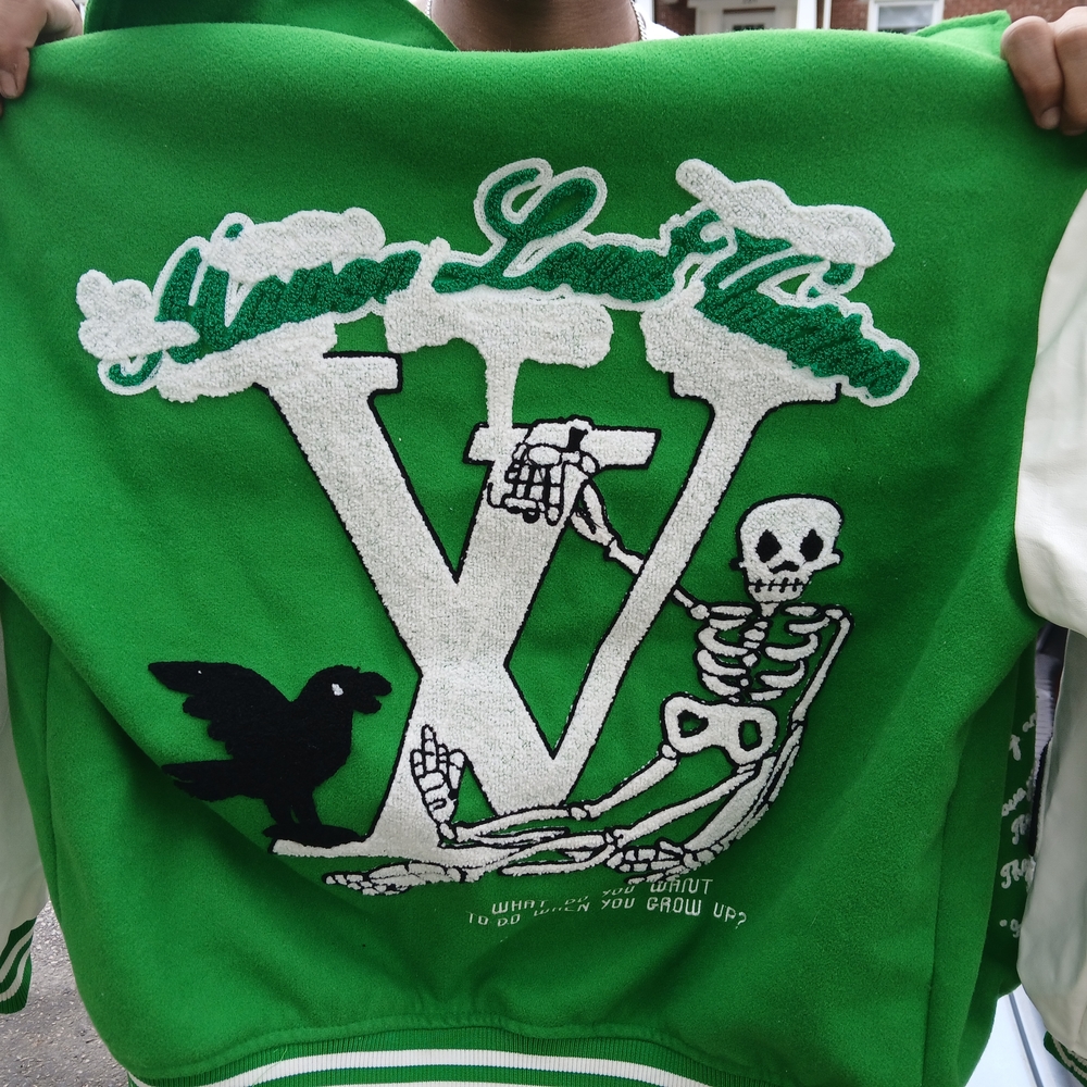 Louis Vuitton Green Varsity Jacket with Skeleton and Crow